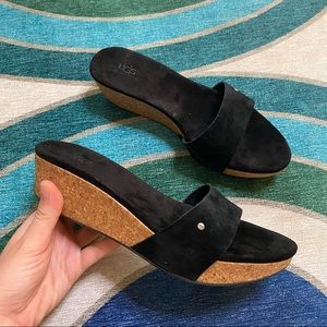 UGG black suede cork platform slides